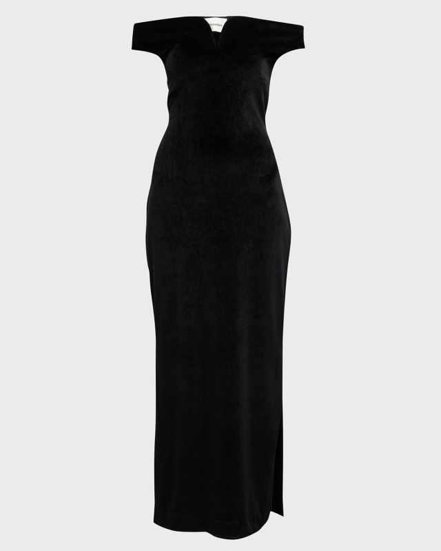 Lucy Off-The-Shoulder Faux Leather Midi Dress